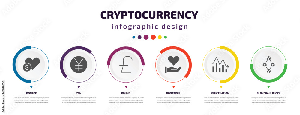 Poster cryptocurrency infographic element with icons and 6 step or option. cryptocurrency icons such as don