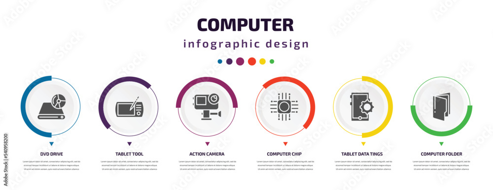 Poster computer infographic element with icons and 6 step or option. computer icons such as dvd drive, tabl