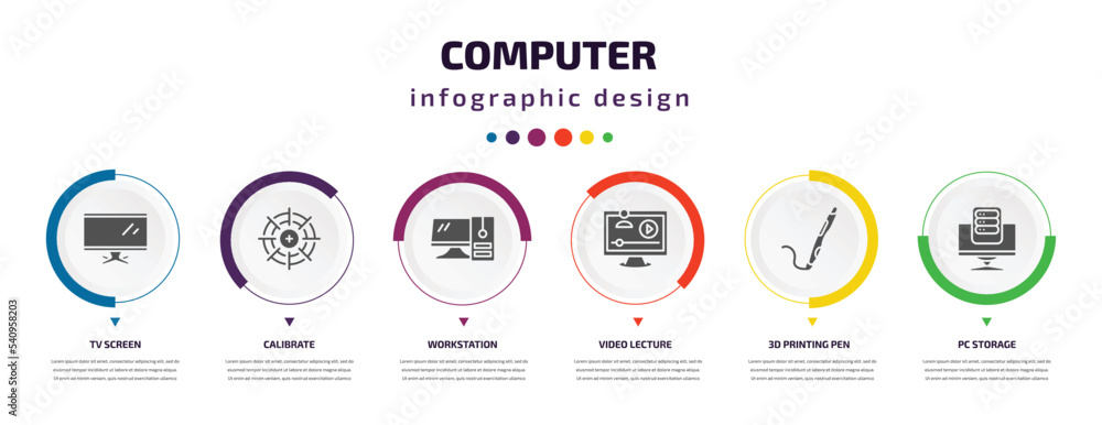 Poster computer infographic element with icons and 6 step or option. computer icons such as tv screen, cali