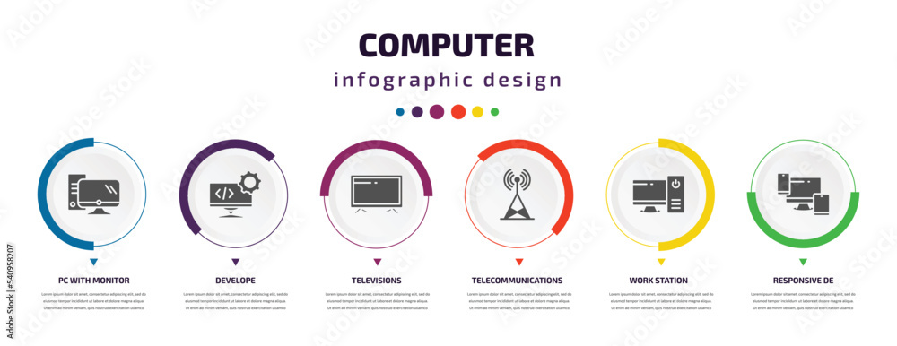 Poster computer infographic element with icons and 6 step or option. computer icons such as pc with monitor