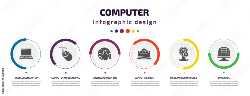 Poster computer infographic element with icons and 6 step or option. computer icons such as widescreen lapt