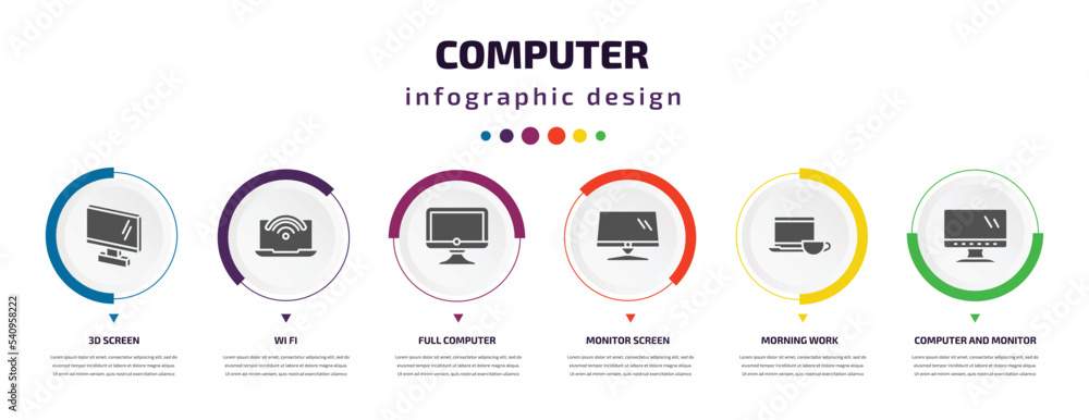 Poster computer infographic element with icons and 6 step or option. computer icons such as 3d screen, wi f