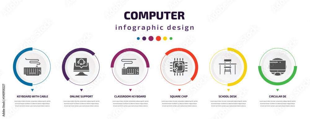 Poster computer infographic element with icons and 6 step or option. computer icons such as keyboard with c