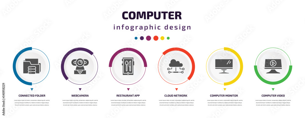 Poster computer infographic element with icons and 6 step or option. computer icons such as connected folde