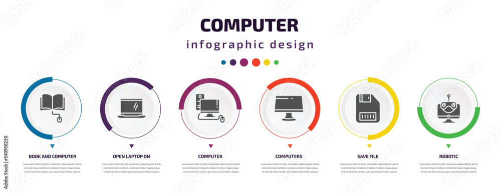 Poster computer infographic element with icons and 6 step or option. computer icons such as book and comput