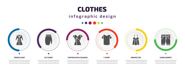 clothes infographic element with icons and 6 step or option. clothes icons such as trench coat, slit skirt, chiffon suffle blouse, t-shirt, draped top, chino shorts vector. can be used for banner,