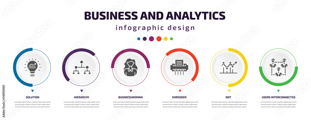 Poster business and analytics infographic element with icons and 6 step or option. business and analytics i