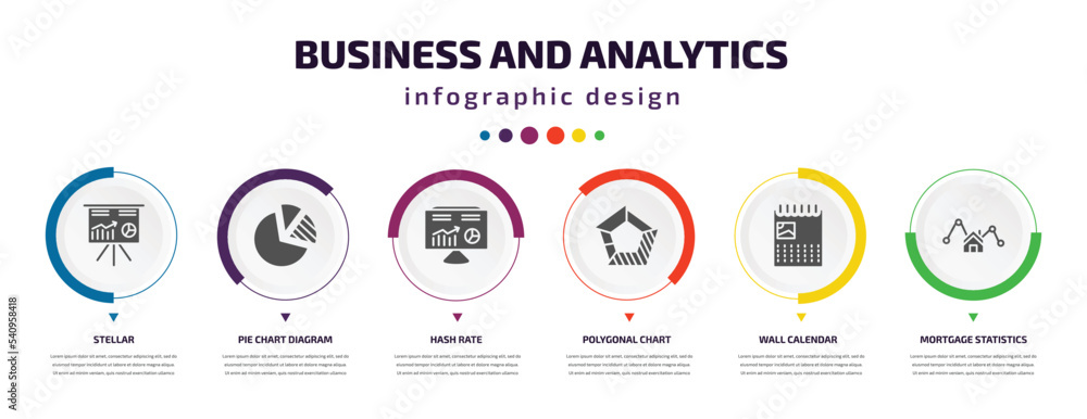 Poster business and analytics infographic element with icons and 6 step or option. business and analytics i