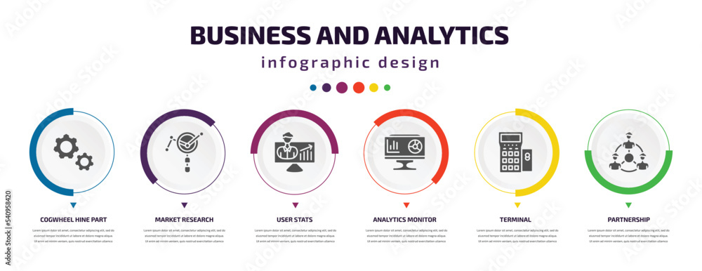 Aufkleber business and analytics infographic element with icons and 6 step or option. business and analytics i