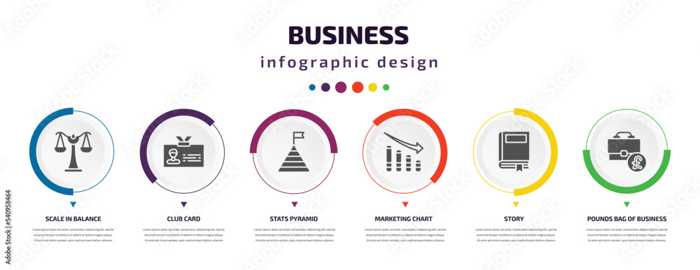 Poster business infographic element with icons and 6 step or option. business icons such as scale in balanc