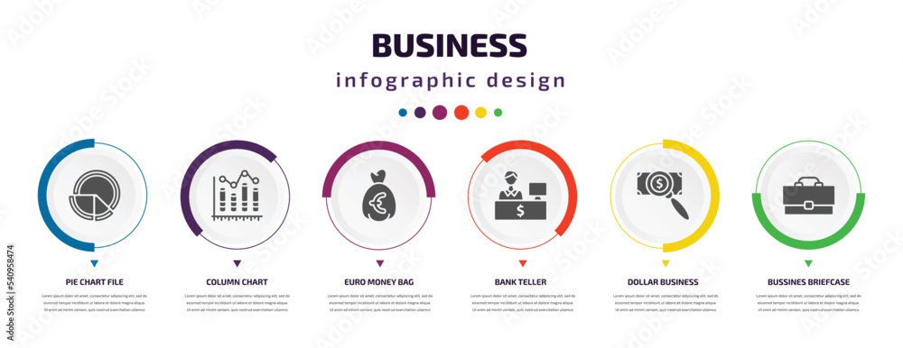 Poster business infographic element with icons and 6 step or option. business icons such as pie chart file,