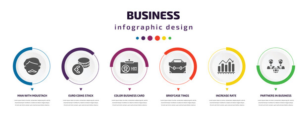 business infographic element with icons and 6 step or option. business icons such as man with moustach, euro coins stack, color business card, briefcase tings, increase rate, partners in vector. can