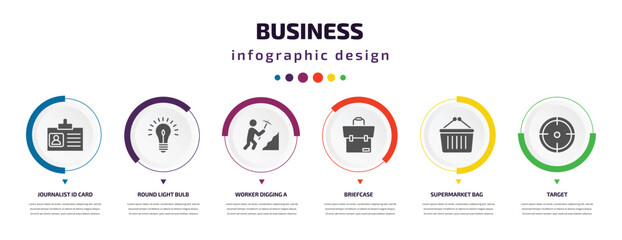 business infographic element with icons and 6 step or option. business icons such as journalist id card, round light bulb, worker digging a hole, briefcase, supermarket bag, target vector. can be