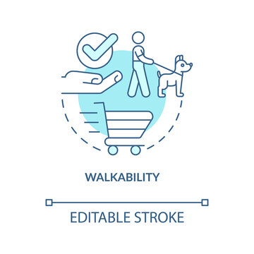 Walkability turquoise concept icon. New property. Best neighborhoods advantage abstract idea thin line illustration. Isolated outline drawing. Editable stroke. Arial, Myriad Pro-Bold fonts used