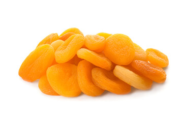 Pile of tasty apricots on white background. Dried fruits