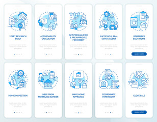 Buying house blue onboarding mobile app screen set. Property purchase walkthrough 5 steps editable graphic instructions with linear concepts. UI, UX, GUI template. Myriad Pro-Bold, Regular fonts used