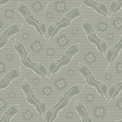 Vintage neutral monochrome vector abstract botanical leaves and flowers. Seamless hand drawn pattern background chevron design. Diagonal leaf and floral heads on striped backdrop. Geometric repeat