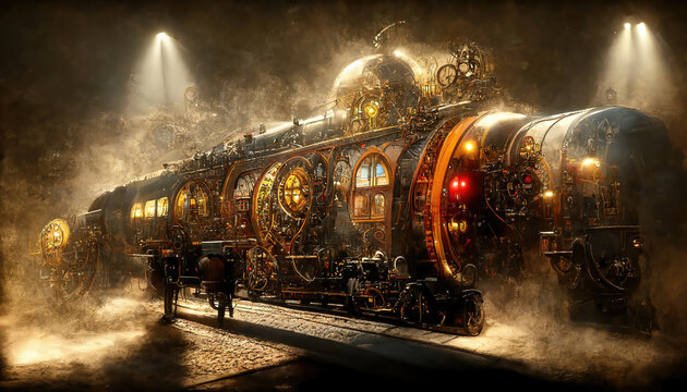AI generated image of a steampunk railway engine 