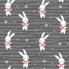 Seamless pattern with white rabbit cartoons on strip background vector illustration.