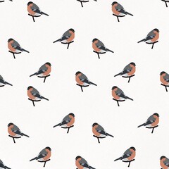 Seamless pattern with bullfinch on a branch. Bird with red breast on white background for books, fabric, paper, toys, kids design. Isolated