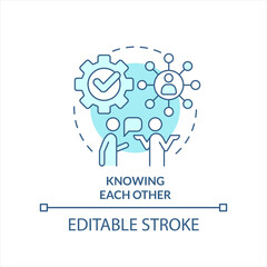 Know each other turquoise concept icon. Build workplace relationship tip abstract idea thin line illustration. Isolated outline drawing. Editable stroke. Arial, Myriad Pro-Bold fonts used