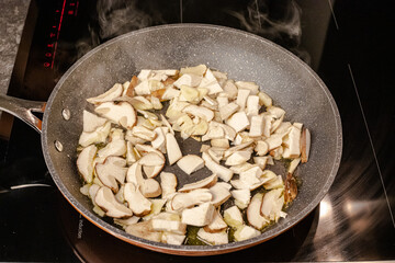 Cooking at home, sauteed boletus edulis with garlic