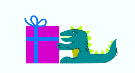 Cartoon vector dinosaur with gift in the package