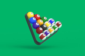 Flying billiard balls, plastic triangle. 3d render