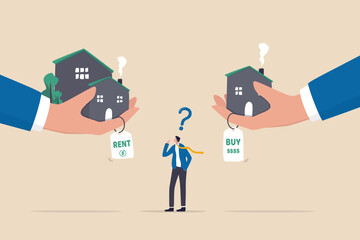 House buy or rent, making decision for owning property and real estate, long term debt or mortgage, investment or lifestyle choice concept, confused businessman making decision to buy or rent a house.