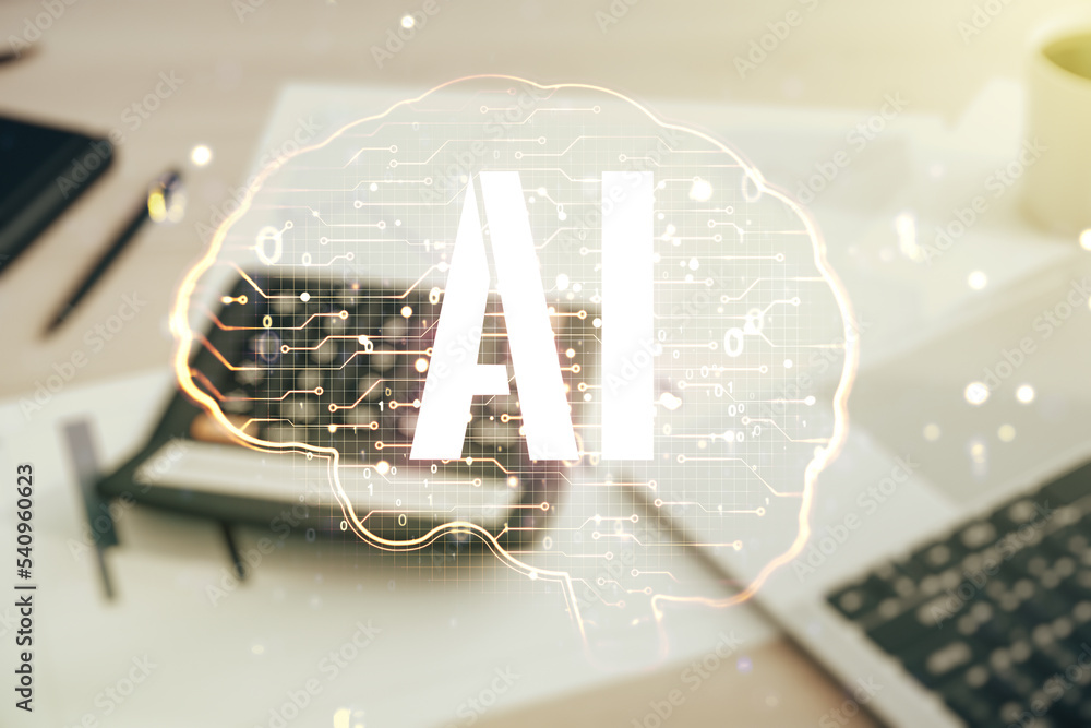 Poster double exposure of creative artificial intelligence interface on blurry calculator with laptop backg