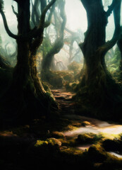 Obraz premium Trees of misty old forest of fantasy world, AI Generative Illustration