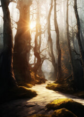 Sun shining through the trees of misty old fairy tale forest, AI Generative Illustration