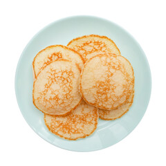 Pancakes on a plate. Isolated on white background. Top view.