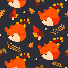 Autumn pattern with a fox on a blue background. Cute background pattern for design. illustration.
