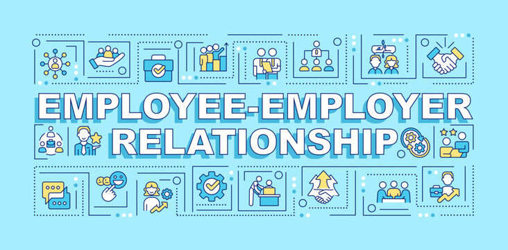 Employee employer relations word concepts turquoise banner. Workplace. Infographics with editable icons on color background. Isolated typography. Vector illustration with text. Arial-Black font used