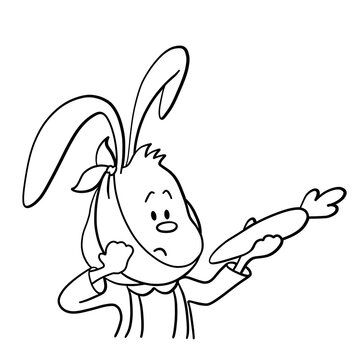 20 / 25 Cute bunny with handkerchief on cheek has tooth ache because of carrot. Pain. Christmas, New Year and Easter contour vector illustration. Collection of rabbits in cartoon style. Humour