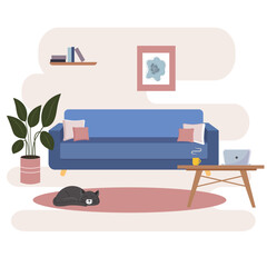 living room (sofa, pillows, table with a laptop, a cat and a rug, a shelf with books) 