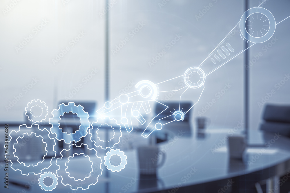 Poster abstract virtual robotics technology sketch on a modern boardroom background, future technology and 