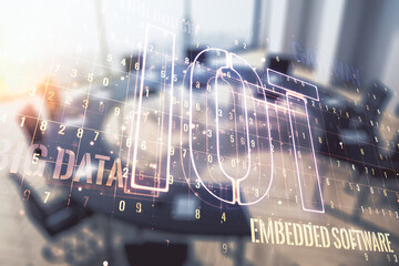 Abstract virtual IOT hologram on a modern boardroom background, internet of things concept. Multiexposure
