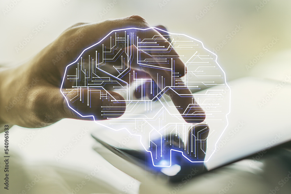 Poster double exposure of creative artificial intelligence symbol with finger clicks on a digital tablet on