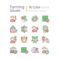 Farm issues RGB color icons set. Agriculture business strategy. Boost profitability. Isolated vector illustrations. Simple filled line drawings collection. Editable stroke. Quicksand-Light font used