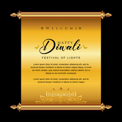 Happy Diwali festival golden scroll, Diwali holiday Background with rangoli, Diwali celebration greeting card, Diwali banner vector.
