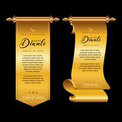 Happy Diwali festival golden scroll, Diwali holiday Background with rangoli, Diwali celebration greeting card, Diwali banner vector.