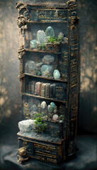 AI generated image of a vintage carved stone bookshelf 