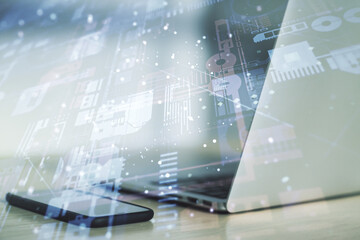 Abstract creative coding illustration on modern computer background, software development concept. Multiexposure