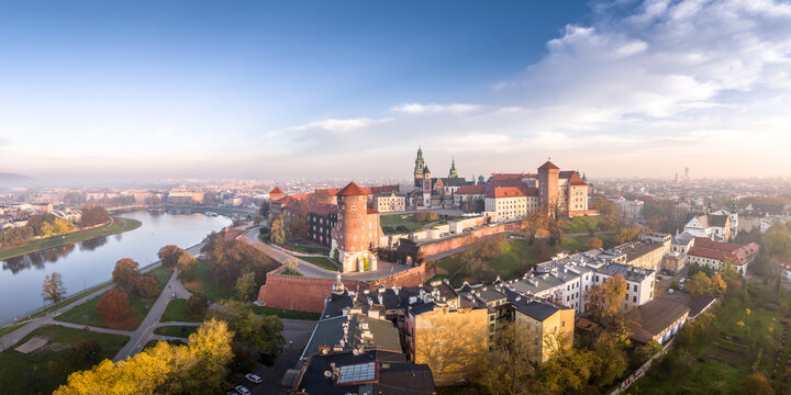 Cracow / Krak&oacute;w at sunrise aerial panorama.