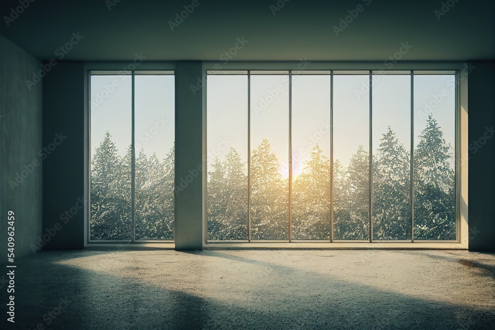 Poster modern empty room with concrete floor and large window on nature background. .