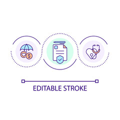 Healthcare funding loop concept icon. Health insurance coverage. Financing medical industry abstract idea thin line illustration. Isolated outline drawing. Editable stroke. Arial font used