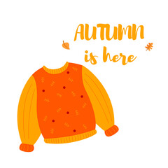 Autumn phrase with cute design elements. Cute sticker. illustration on an isolated white background.