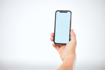 Mockup screen, marketing and hand with phone for branding, advertising and online website against a white background. Mobile with mock up space for communication, information and app on the internet